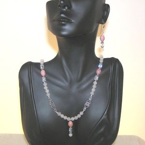 Quartz, Rhodonite & Crystal Sterling Necklace Set